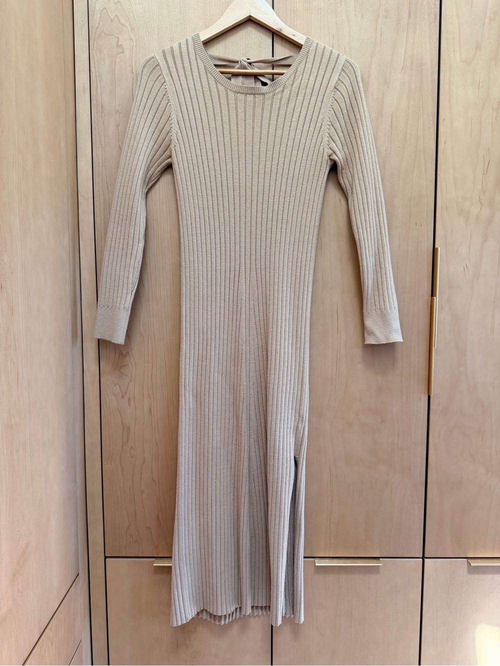 Ribbed Long-Sleeve Knit Midi Dress - Beige